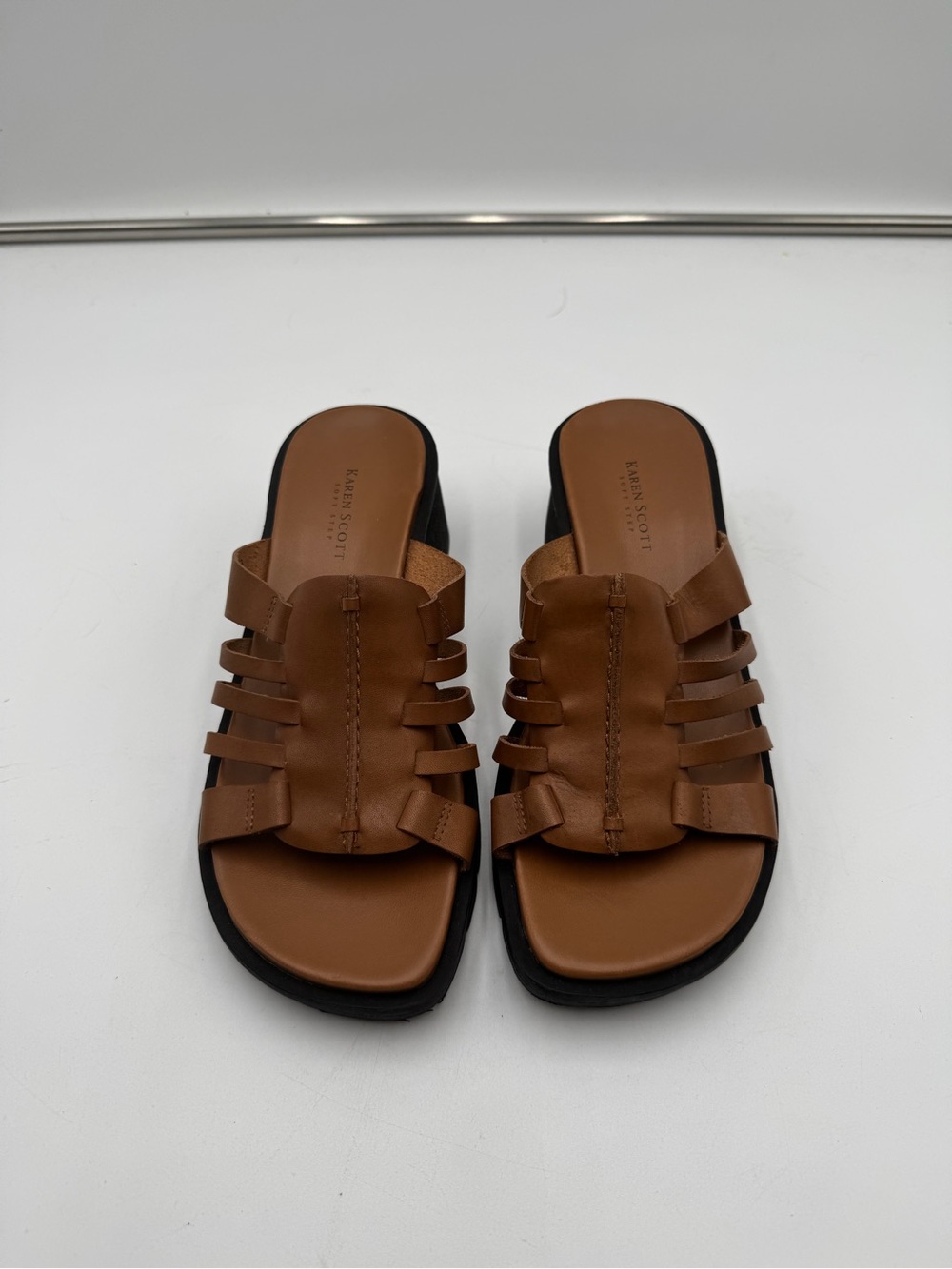 Karen Scott Statler Leather Slide Sandals Brown Platform Comfort Size 6.5M